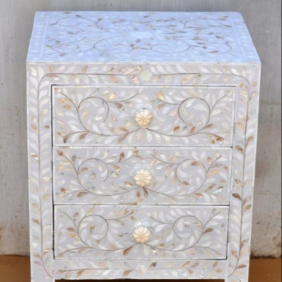 Mother of pearl inlay 3 drawer bedside Table indian Handmade Bohemian Style Contemporary nightstand jodhpurs Style